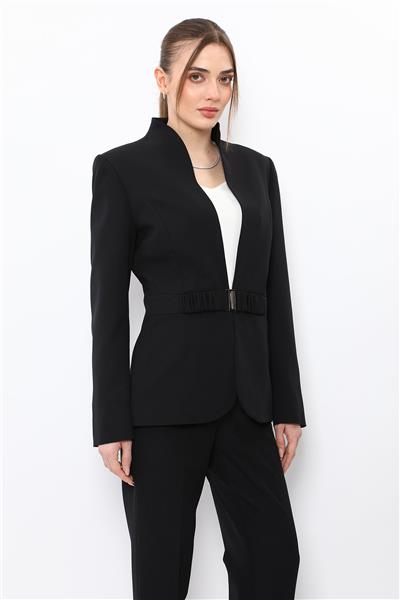 Dik Yaka Tokalı Ceket-Siyah