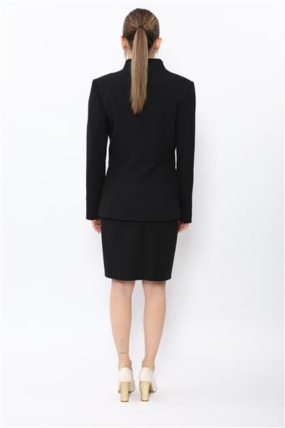 Dik Yaka Tokalı Ceket & Yırtmaçlı Düz Dar Etek-Siyah