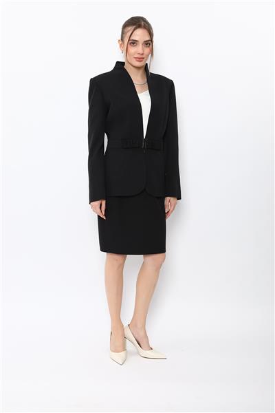 Dik Yaka Tokalı Ceket & Yırtmaçlı Düz Dar Etek-Siyah