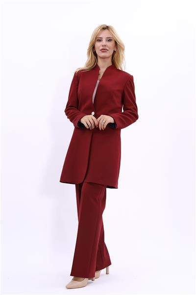 Dik Yaka Uzun Tesettür Ceket & Bol Paça Pantolon Kadın Takım Elbise -Bordo