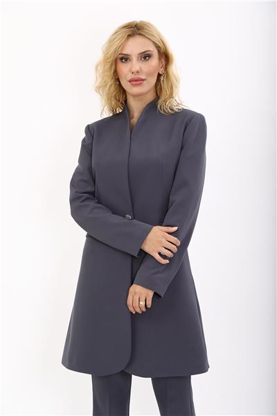 Dik Yaka Uzun Tesettür Kadın Ceket-Füme