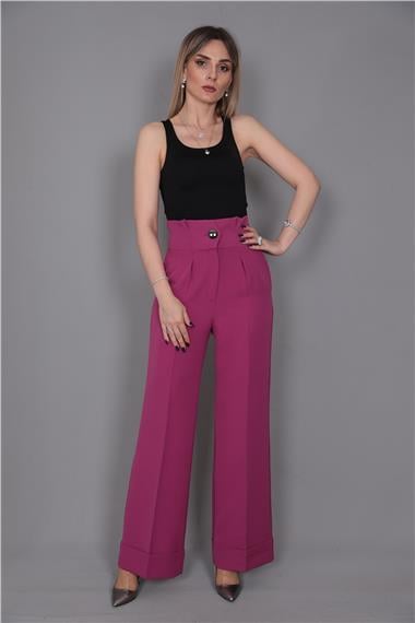Duble Paça Yüksek Bel Pantolon-Fuşya
