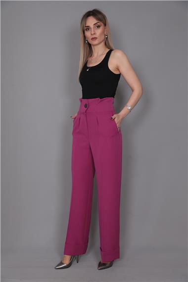 Duble Paça Yüksek Bel Pantolon-Fuşya
