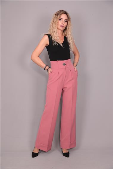 Duble Paça Yüksek Bel Pantolon-Gül Kurusu