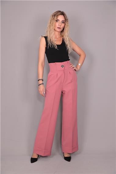 Duble Paça Yüksek Bel Pantolon-Gül Kurusu