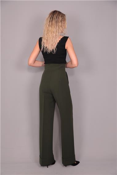 Duble Paça Yüksek Bel Pantolon-Haki