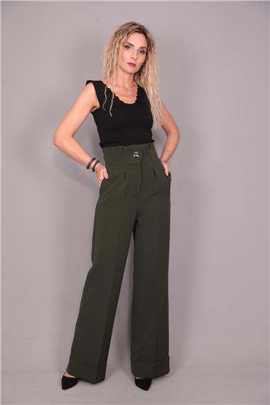 Duble Paça Yüksek Bel Pantolon-Haki