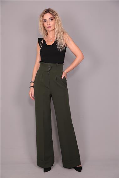 Duble Paça Yüksek Bel Pantolon-Haki