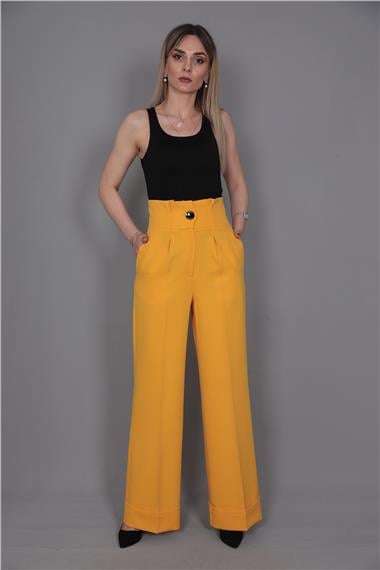 Duble Paça Yüksek Bel Pantolon-Hardal