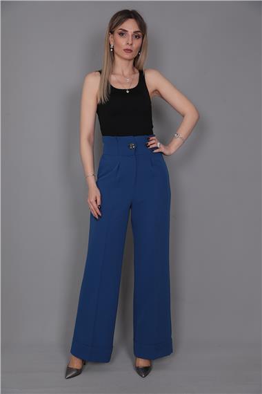 Duble Paça Yüksek Bel Pantolon-İndigo
