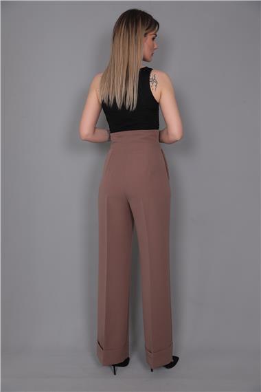 Duble Paça Yüksek Bel Pantolon-Kahve
