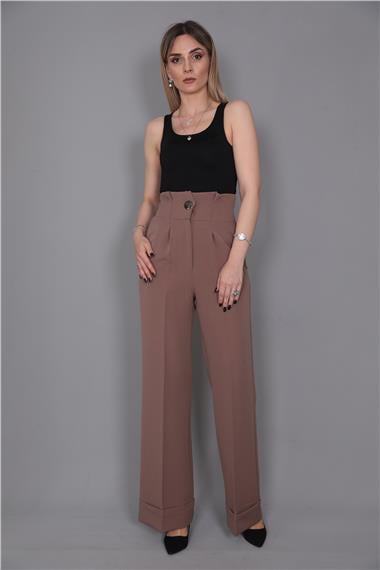 Duble Paça Yüksek Bel Pantolon-Kahve