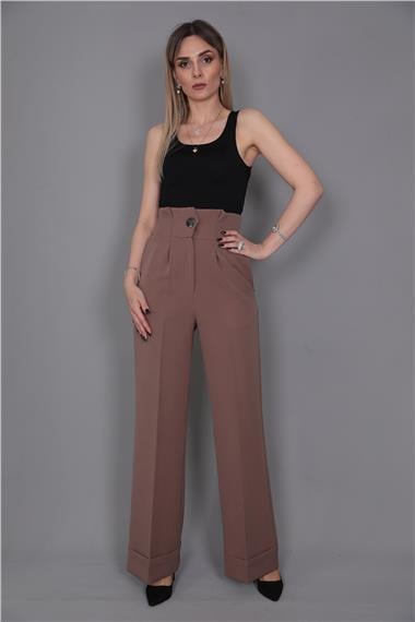 Duble Paça Yüksek Bel Pantolon-Kahve