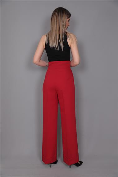 Duble Paça Yüksek Bel Pantolon-Kırmızı