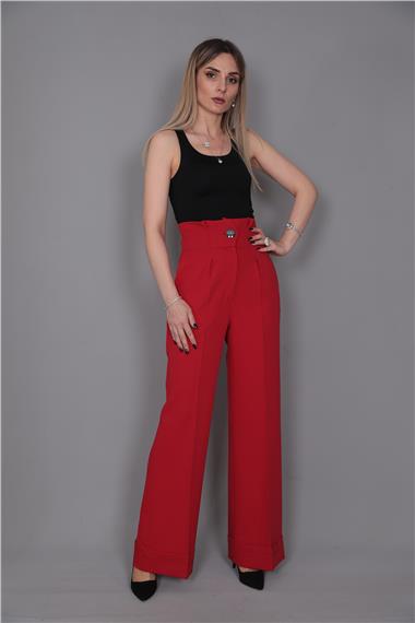 Duble Paça Yüksek Bel Pantolon-Kırmızı