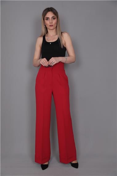 Duble Paça Yüksek Bel Pantolon-Kırmızı