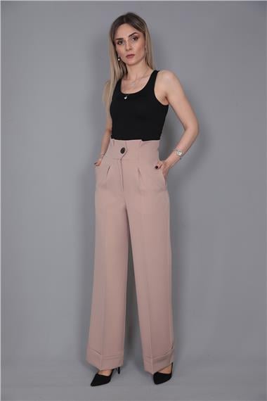 Duble Paça Yüksek Bel Pantolon-Taş