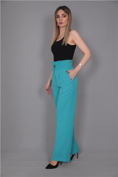 Duble Paça Yüksek Bel Pantolon-Turkuaz