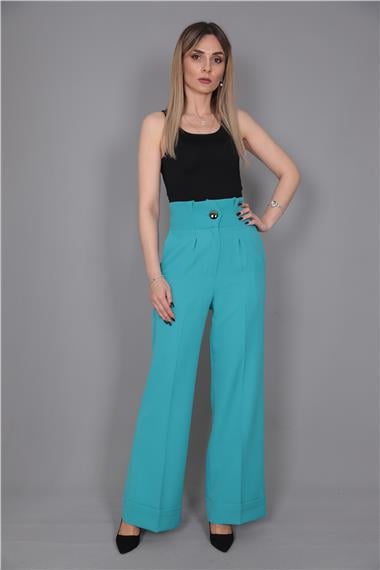 Duble Paça Yüksek Bel Pantolon-Turkuaz