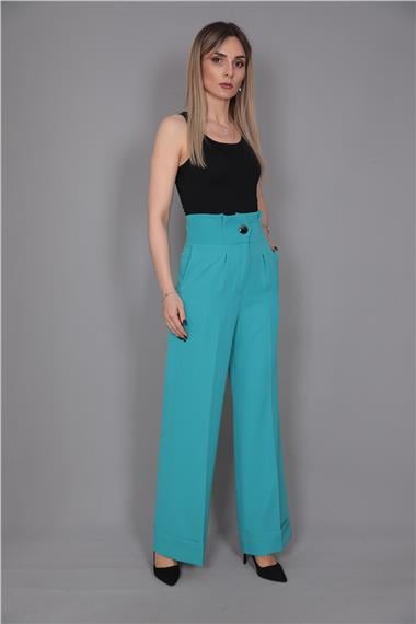 Duble Paça Yüksek Bel Pantolon-Turkuaz