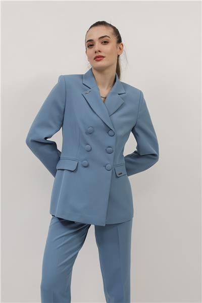 Düğmeli Klasik Blazer Bayan Ceket-Deniz