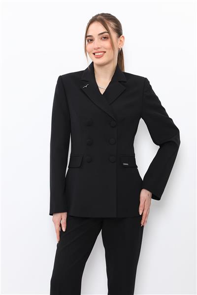 Düğmeli Klasik Blazer Bayan Ceket-Siyah