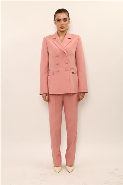 Düğmeli Klasik Blazer Ceket & Cepli Boru Paça Pantolon Kadın Takım Elbise-Pudra