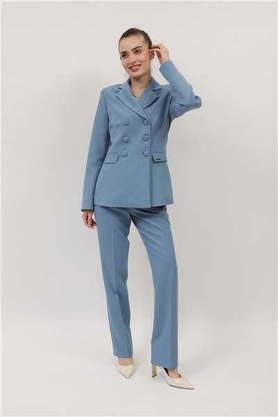 Düğmeli Klasik Blazer Ceket & Cepli Boru Paça Pantolon Kadın Takım Elbise-Deniz