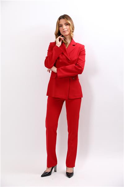 Düğmeli Klasik Blazer Ceket & Cepli Boru Paça Pantolon Kadın Takım Elbise-Kırmızı
