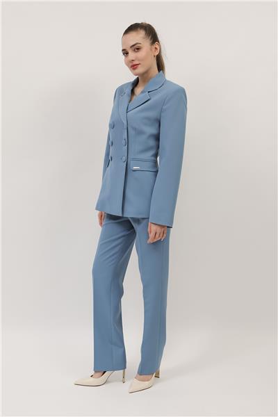 Düğmeli Klasik Blazer Ceket & Cepli Boru Paça Pantolon Kadın Takım Elbise-Deniz
