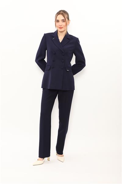 Düğmeli Klasik Blazer Ceket & Cepli Boru Paça Pantolon Kadın Takım Elbise-Lacivert