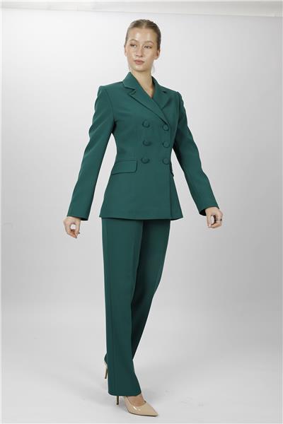 Düğmeli Klasik Blazer Ceket & Cepli Boru Paça Pantolon Kadın Takım Elbise-Zümrüt