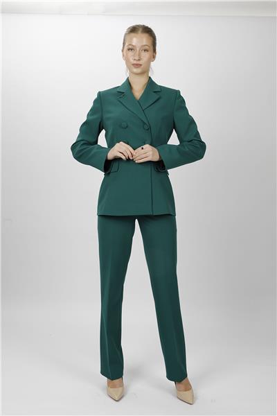 Düğmeli Klasik Blazer Ceket & Cepli Boru Paça Pantolon Kadın Takım Elbise-Zümrüt