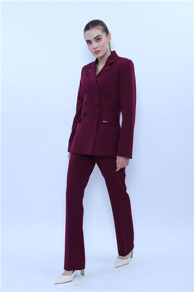 Düğmeli Klasik Blazer Ceket & Cepli Boru Paça Pantolon Kadın Takım Elbise-Mürdüm