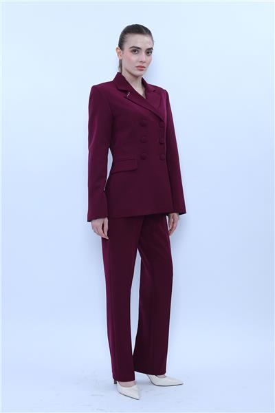 Düğmeli Klasik Blazer Ceket & Cepli Boru Paça Pantolon Kadın Takım Elbise-Mürdüm