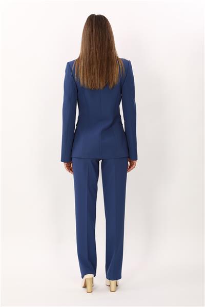 Düğmeli Klasik Blazer Ceket & Cepli Boru Paça Pantolon Kadın Takım Elbise-İndigo