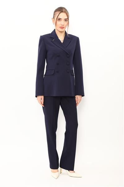 Düğmeli Klasik Blazer Ceket & Cepli Boru Paça Pantolon Kadın Takım Elbise-Lacivert