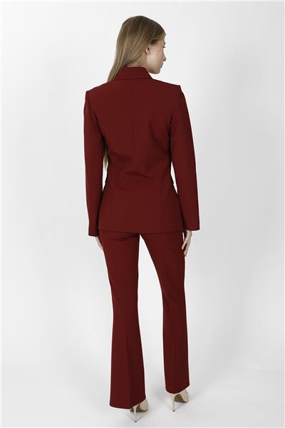 Düğmeli Klasik Blazer Ceket & Cepli İspanyol Paça Pantolon Kadın Takım Elbise-Bordo