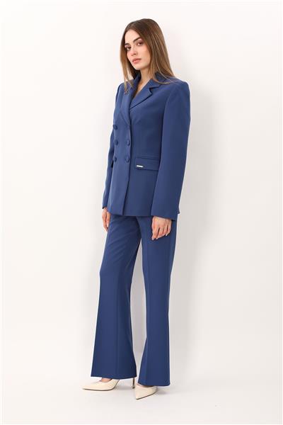 Düğmeli Klasik Blazer Ceket & Cepli İspanyol Paça Pantolon Kadın Takım Elbise-İndigo