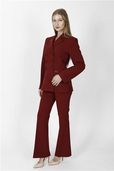 Düğmeli Klasik Blazer Ceket & Cepli İspanyol Paça Pantolon Kadın Takım Elbise-Bordo