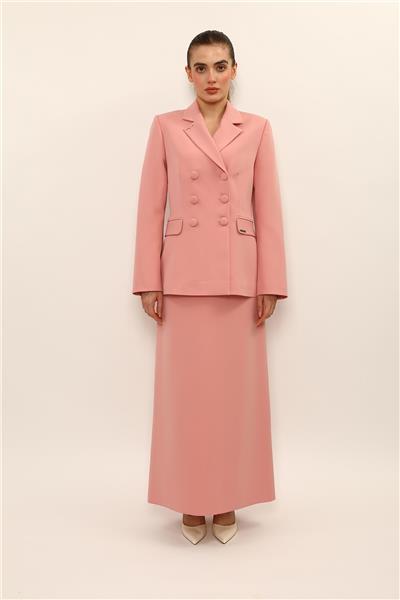 Düğmeli Klasik Blazer Ceket & Kare Cepli Uzun Çan Etek Kadın Takım Elbise-Pudra