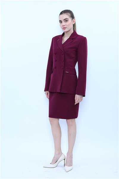 Düğmeli Klasik Blazer Ceket & Mini Yırtmaçlı Kısa Dar Etek Kadın Takım Elbise-Mürdüm