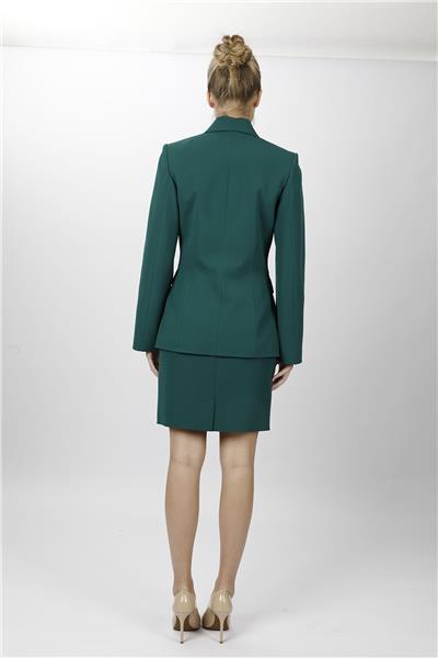 Düğmeli Klasik Blazer Ceket & Mini Yırtmaçlı Kısa Dar Etek Kadın Takım Elbise-Zümrüt