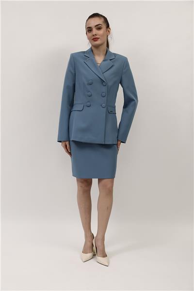 Düğmeli Klasik Blazer Ceket & Mini Yırtmaçlı Kısa Dar Etek Kadın Takım Elbise-Deniz