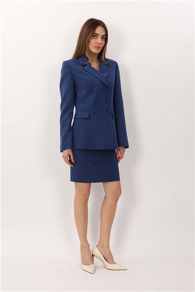 Düğmeli Klasik Blazer Ceket & Mini Yırtmaçlı Kısa Dar Etek Kadın Takım Elbise-İndigo