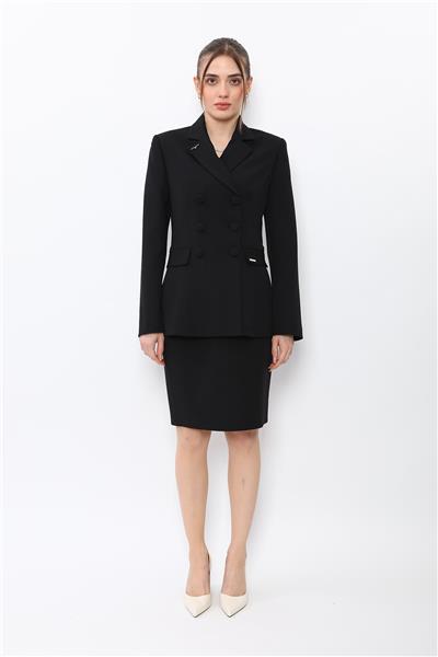 Düğmeli Klasik Blazer Ceket & Mini Yırtmaçlı Kısa Dar Etek Kadın Takım Elbise-Siyah