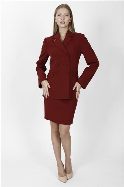 Düğmeli Klasik Blazer Ceket & Mini Yırtmaçlı Kısa Dar Etek Kadın Takım Elbise-Bordo