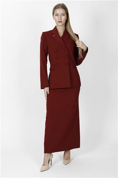 Düğmeli Klasik Blazer Ceket & Uzun Kalem Etek Kadın Takım Elbise-Bordo
