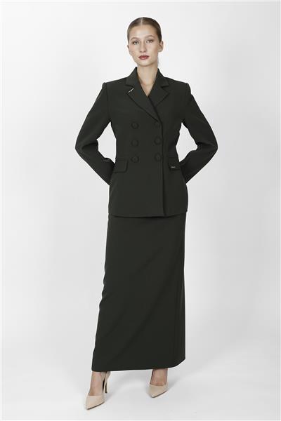 Düğmeli Klasik Blazer Ceket & Uzun Kalem Etek Kadın Takım Elbise-Haki
