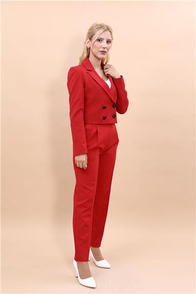 Düğmeli Mini Kruvaze Ceket & Cepli Pileli Dar Paça Pantolon Kadın Takım Elbise-Kırmızı